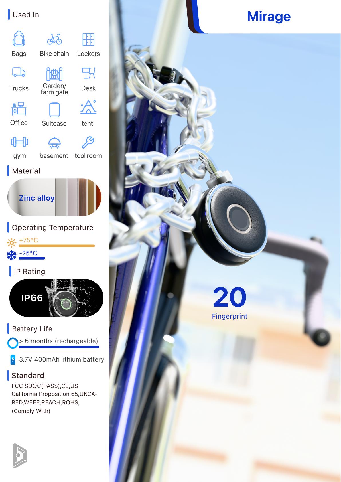 Mirage Short Shackle, Smart Fingerprint Padlock